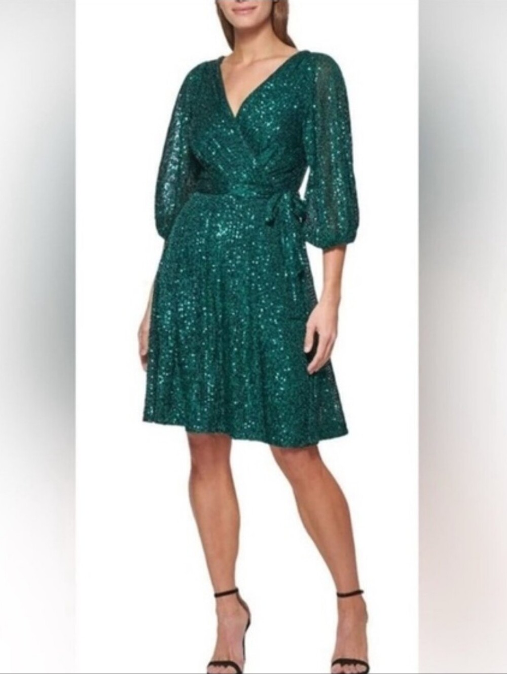 Dkny Emerald Green Nwot Sequined Faux Wrap 3/4 Sleeve V Neck Cocktail Dress